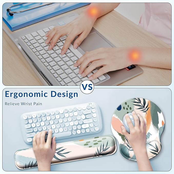 Desk Mat Set + Keyboard and Mouse Pad with Wrist Rest Support,4-in-1 Large Mousepad Computer Mats for Desktop Home & Office-Leaves 2
