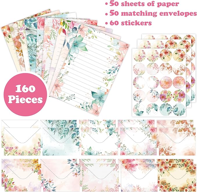 Stationery Paper Envelopes Set 160 Pcs - 50 Lined Writing Paper, 50 Envelopes, 60 Dot Stickers, Vintage/Floral/Leaf/Watercolor Multi-Style Options (STATIONERY-160PCS-FLORAL)