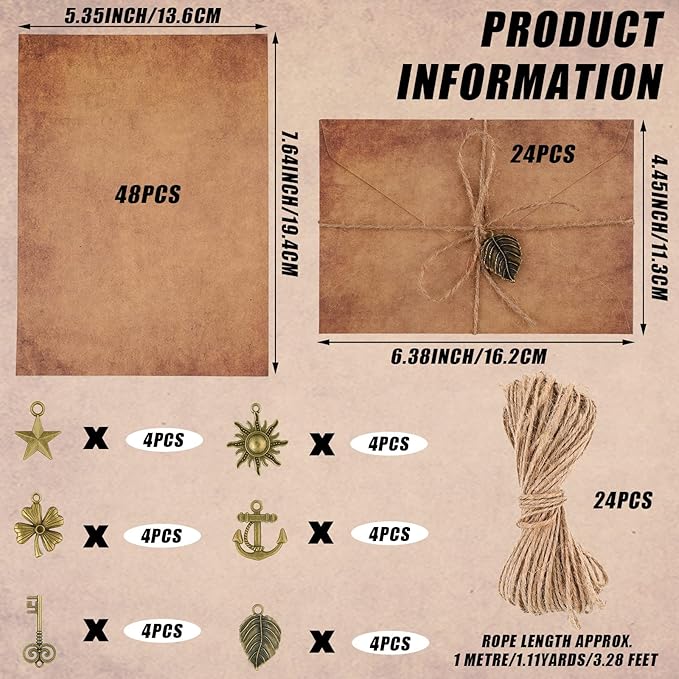 Vintage Stationary Paper and Envelopes Set, Writing Stationery Paper Letter and Envelopes Includes Sheets Antique Letter Papers, Kraft Envelopes, Retro Accessories, Rope (120 Pieces)