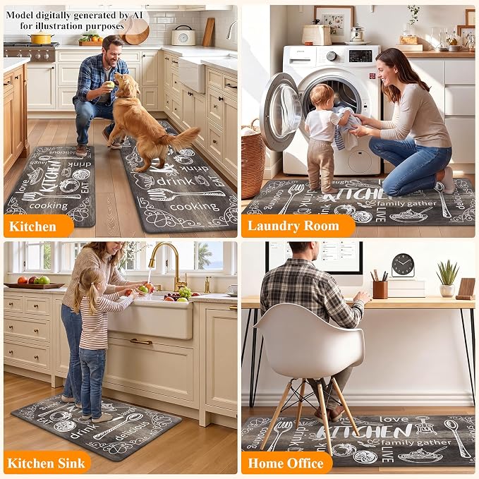 HEBE Anti Fatigue Kitchen Rugs Set of 2, Non Slip Cushioned Kitchen Mats for Floor, Waterproof Farmhouse Comfort Standing Desk Mat for Kitchen Sink,Office,Laundry