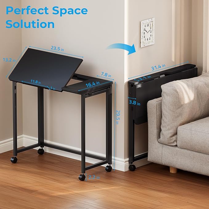 GreenForest Folding Desk with Tiltable Desktop 0°-90°, 31.5 inch Drafting Table with Rolling Wheels, Foldable Craft Table for Drawing, Reading, Laptop, Work, Black