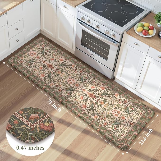 KIMODE Kitchen Mats Anti Fatigue,Cushioned Kitchen Rugs Runner | Olive Green,Boho Floral Bird Kitchen Rugs Non Slip ,Wide Long Memory Foam Kitchen Floor Mat for Laundry Sink Office Home
