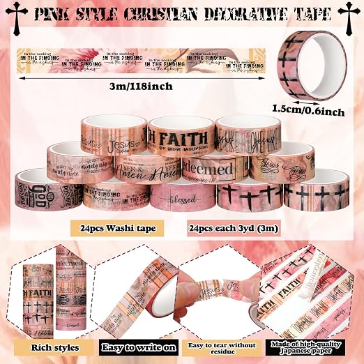 24 Rolls Back to School Christian Washi Tape Gifts Bulk Graduation VBS Religious Scripture Pink Bible Verse Washi Tape for Bible Journaling Crafting Students BibleStudy Stationery