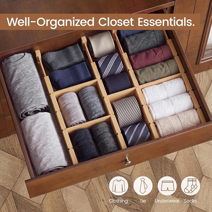Bamboo Drawer Dividers 4 Pack with Inserts, Kitchen Adjustable Drawer Organizers for Home, Bedroom, Dresser, Expandable Organization 4 Dividers with 8 Inserts