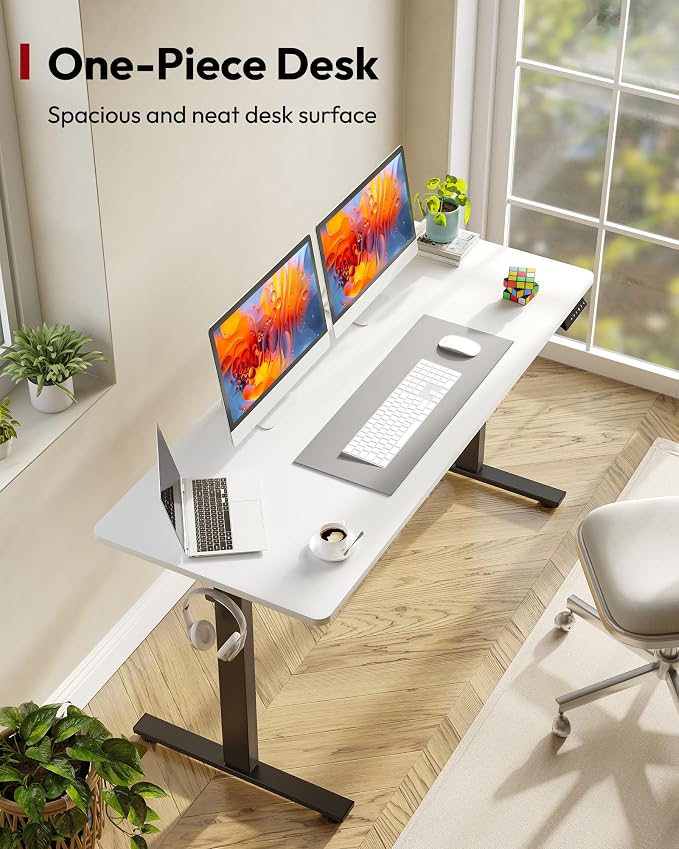 SANODESK One-Piece Electric Standing Desk, Seamless 60 x 24'' Ergonomic Height Adjustable Sit Stand Desk with Memory Presets for Home Office Computer Workstation, Black Frame/White Top