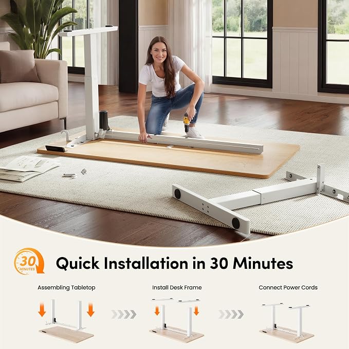 CubiCubi Electric Standing Desk 48 x 24 Inch, Height Adjustable Sit Stand Desk with Memory Presets, Splice Desktop Computer Desk for Home Office, White Frame/Nature Top