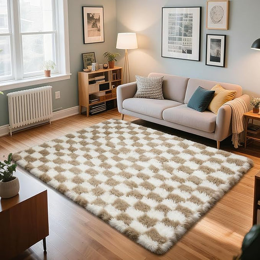 Checkered Rug for Bedroom, 4x6 Beige and White Area Rugs, Classic Checkered Carpets Shag Area Rug, Bedside Rugs for Living Room Bedroom Room Home Decor