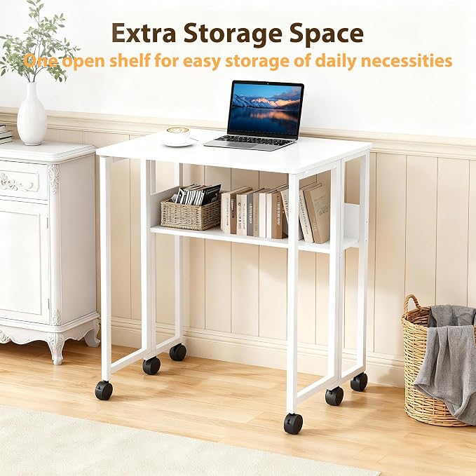 Garvee Folding Desk Small Rolling Desk with Storage Shelf,24.8 Inch Foldable Computer Table for Small Spaces, Space Saving Sofa Table with Wheels for Home Office, Study, Easy Assembly, White