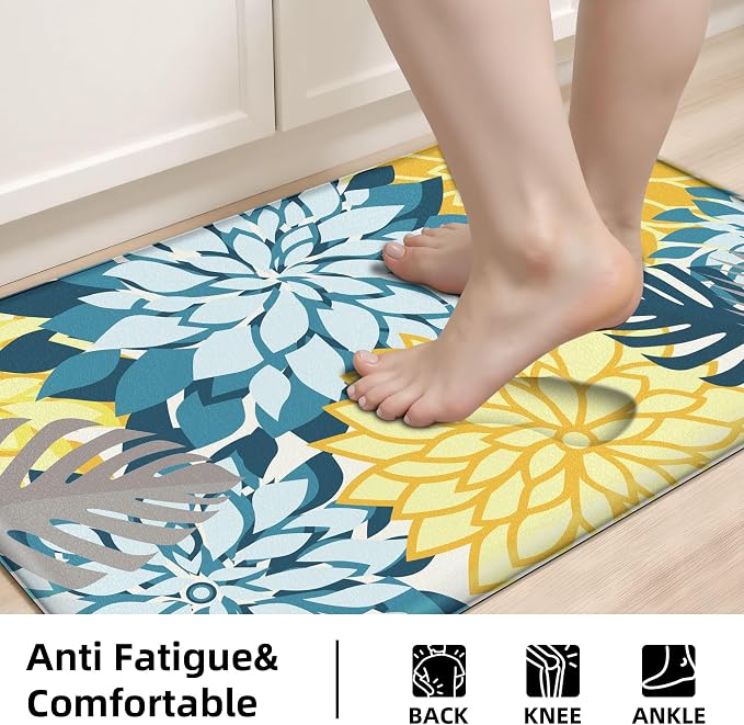 Arenarug Kitchen Mats for Floor 2PCS Cushioned Anti Fatigue Kitchen Mats Waterproof Non Slip Kitchen Rug Set Comfort Foam Standing Mat for Sink, Laundry, Office,17.3" x 28" + 17.3" x 47", Yellow Teal