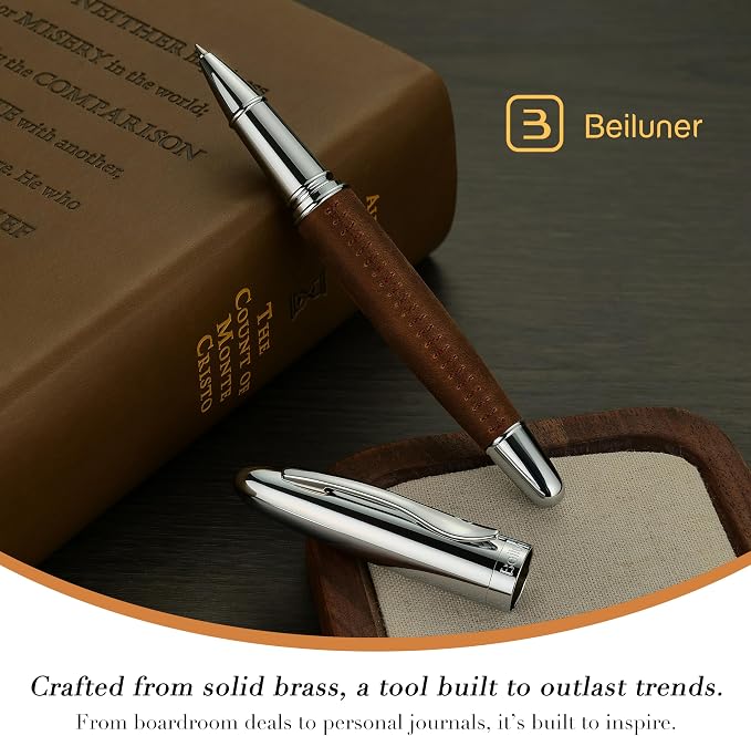 BEILUNER 318 Luxury Leather Pen, Full Grain Oil Tan Crazy Horse Cowhide Leather, Chrome-Plated Finish, Smooth Black Ink Refill, Best Rollerball Gift for Men & Women,Executive, Professional, Nice Pens
