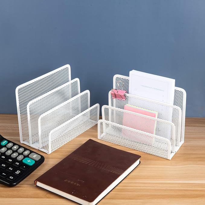 VANRA Small Letter Sorter Pack of 2 Desktop File Organizer Metal Mesh Paper Stacking Sorter Holder 3 Slots (2 White)