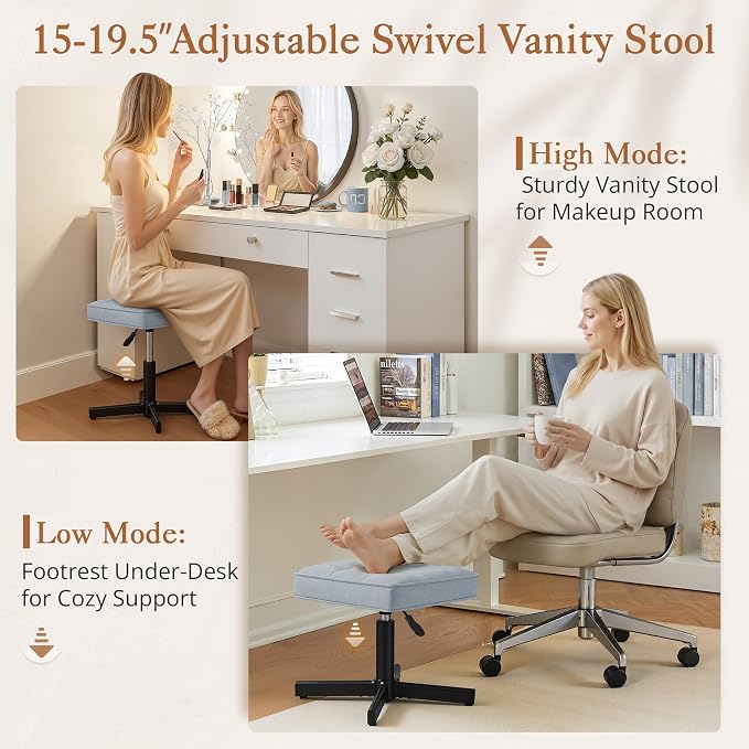 LUE BONA Adjustable Vanity Stool, 15''-19.5'' Foot Rest Under Desk, 360° Swivel Vanity Chair for Makeup Room, Blue Upholstered Faux Leather Ottoman for Bathroom & Living Room, 300lbs
