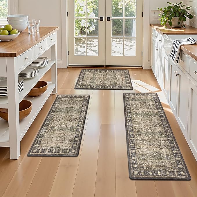 Pauwer Anti Fatigue Kitchen Floor Mats Set of 3, Cushioned Rug, Multi Brown | Non Slip Comfort Standing Mat, PVC Foam Padded Kitchen Rugs, Waterproof Sink Rug for Small Kitchen Area, Laundry Room