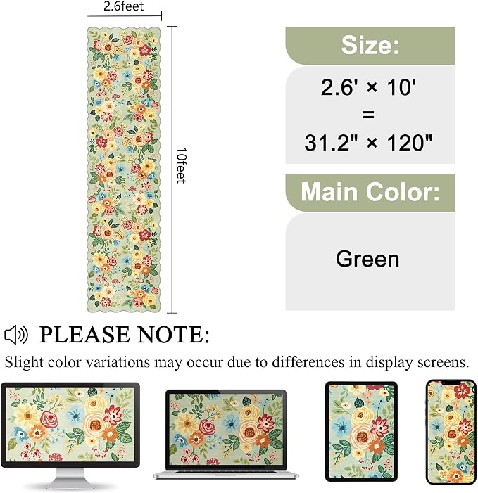 DUKINO 2.6x10 Runner Rug for Hallway, Lightweight Washable Floral Kitchen Rug with Non Shedding, Soft Low Pile & Non Slip Backing Boho Runner for Entryway, Bathroom, Laundry, Bedroom, Green