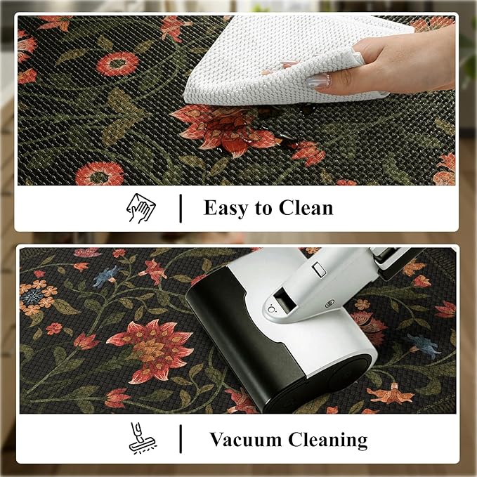 Collive Kitchen Mats for Floor 2PCS, Cushioned Anti Fatigue Mat Non Slip Waterproof Kitchens Sink Rug, Floral Comfort Padded Standing Mat for Laundry, Desk, Bar, Office, 17.3"x29"+17.3"x47", Black