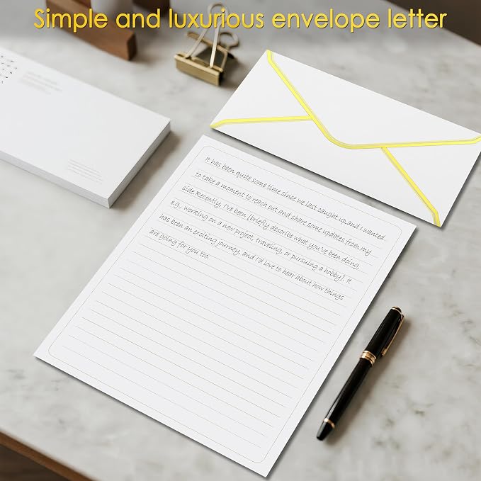 J6&H6 Gold Thread Stationary Paper and Envelopes Set Including 12 Standard Sized Phnom Penh Envelopes and 24 Sheets of Lined Paper Suitable for Daily Emotional Expression Formal Communication(White)
