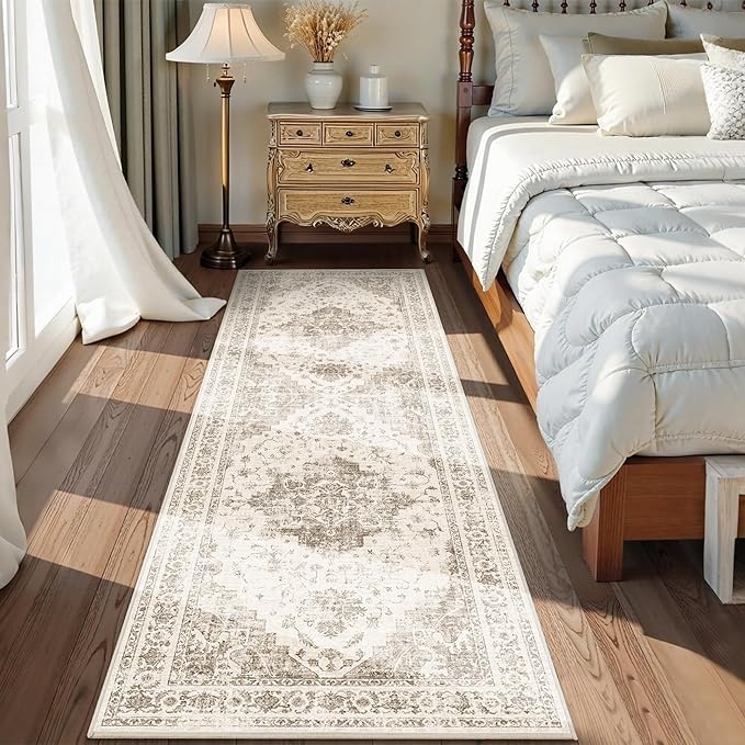 2.6x8 Taupe Vintage Runner Rug Hallway Washable Area Rugs Non Slip Boho Medallion Long Rug Distressed Retro Carpet Floral Soft Low Pile Indoor Throw Rug for Kitchen Bedroom Bathroom Dining Room Office