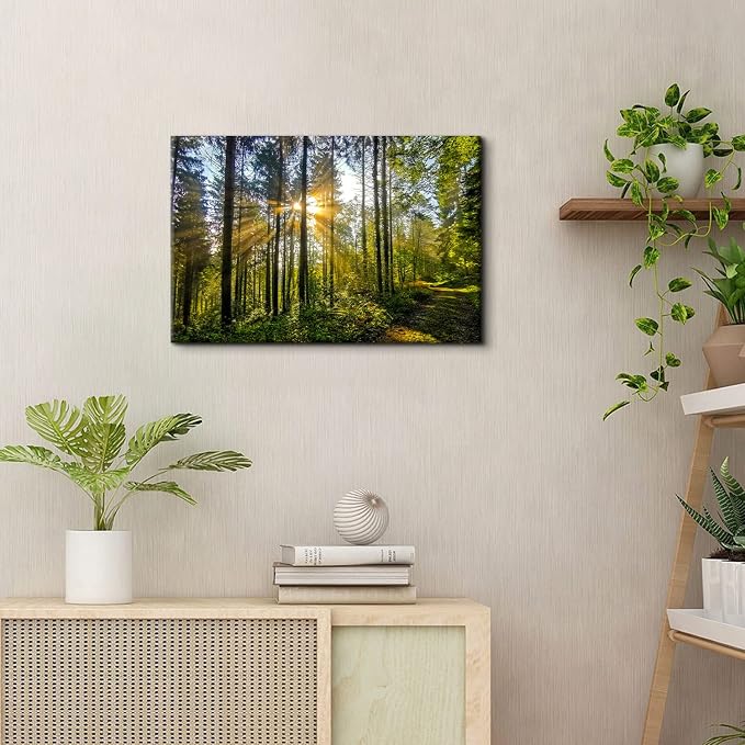 Nature Forest Landscape Wall Art Sunrise Green Tropical Trees Canvas Pictures Wall Decor 16x24" Mountain Prints Painting Modern Framed Artwork for Living Room Bedroom Kitchen Office Home Decoration