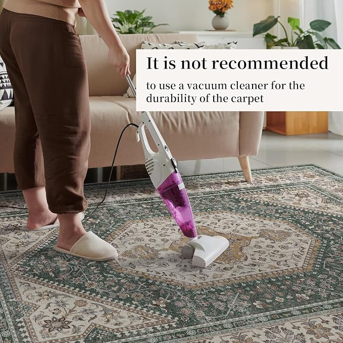 Washable 7x9 Area Rugs for Living Room: Soft Bedroom Rug Non Slip Rugs with Rubber Backing Ultra Thin Low Pile Carpet for Dinging Room Home Office Decor Green/Beige