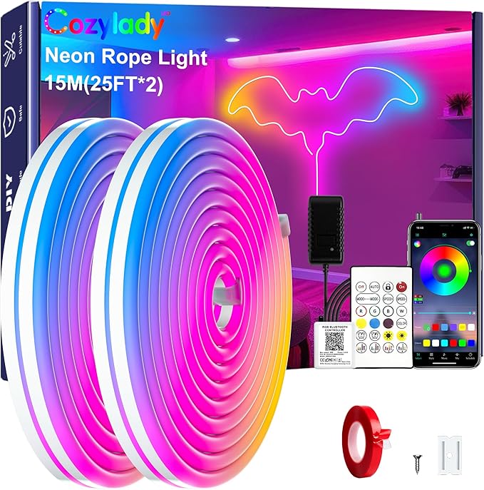 Cozylady RGB Neon Light LED Rope Light,Waterproof Bluetooth APP Remote Control Music Sync Strip Light,24V Flexible DIY Silicone Light for Bedroom Home Indoor Outdoor Decoration