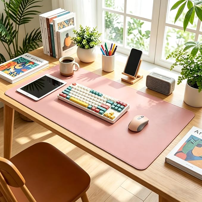 Large Desk Mat 12" x 27", Single-Sided Natural Cork & PU Leather Desk Pad, Non-Slip Waterproof Mouse Pad for Office, Home & Gaming, Pink