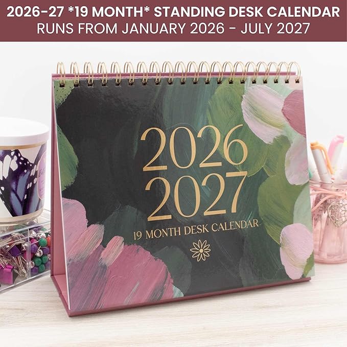 bloom daily planners 2026 Standing Flip Desk Calendar - 8” x 10” Monthly Organizer (January 2026 - July 2027) 19 Month Desktop Blotter - Paint Strokes
