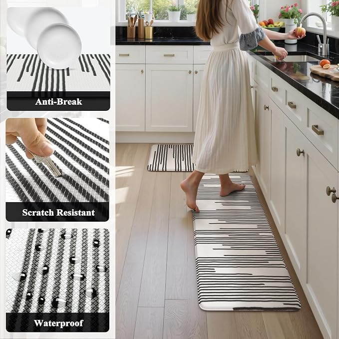 KIMODE Anti Fatigue Mats for Kitchen Floor,Farmhouse Kitchen Rugs Sets of 2 | 17"x47"+17"x29" Cushioned Kitchen Floor Mat Non Skid,Memory Foam Kitchen Mat for Laundry Office Sink Desk Black Lines Decor