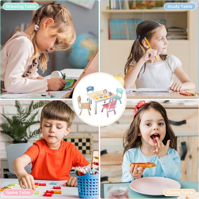 DOREROOM Adjustable Kids Table & 4 Chairs Set, 31.5"L x 23.6"W, Multicolor | Graffiti Desktop,Table Supports 300 lbs,Toddler Ages 2-8，FSC-certified, Children Activity Table for Daycare, Classroom, Home
