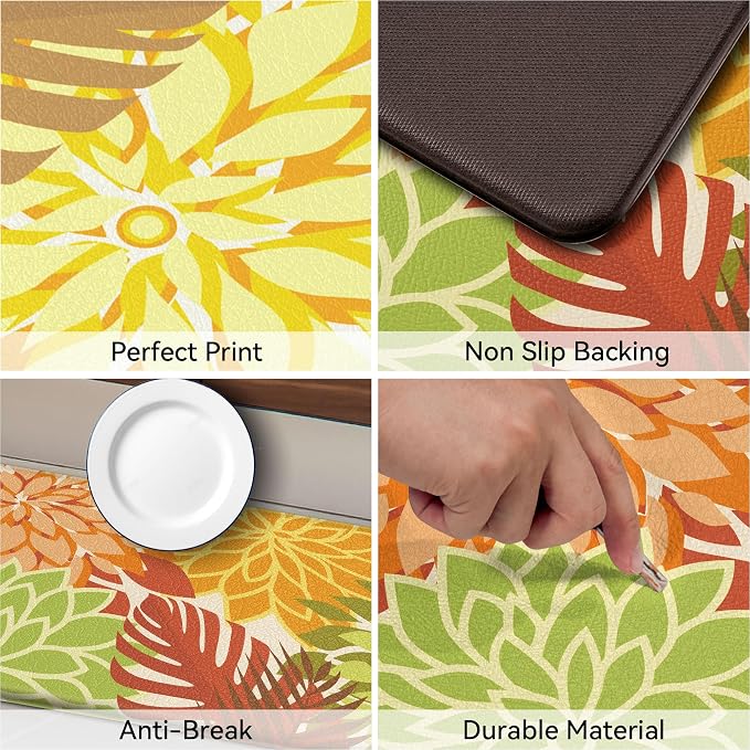 Arenarug Kitchen Mats for Floor 2PCS Cushioned Anti Fatigue Kitchen Mats Waterproof Non Slip Kitchen Rug Set Foam Standing Mat for Sink, Laundry, Office,17.3" x 28" + 17.3" x 59", Maple Orange