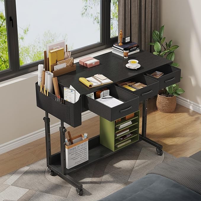 Rolling Standing Desk Adjustable Height with Drawers, 40 Inch Mobile Stand Up Portable Teacher Desks on Wheels for Classroom, Couch Sofa Side Laptop Table with Storage for Bedroom Home Office, Black