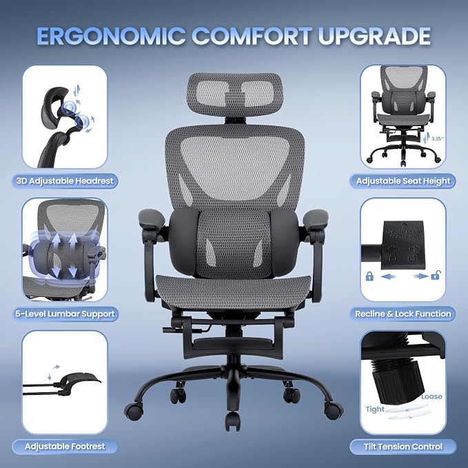 MALOL Ergonomic Mesh Office Chair with Footrest, Executive High Back Computer Desk Chair with 3D Adjustable Headrest & 5-Level Lumbar Support, Track Armrest, Tilt Lock, 300LBS, Grey