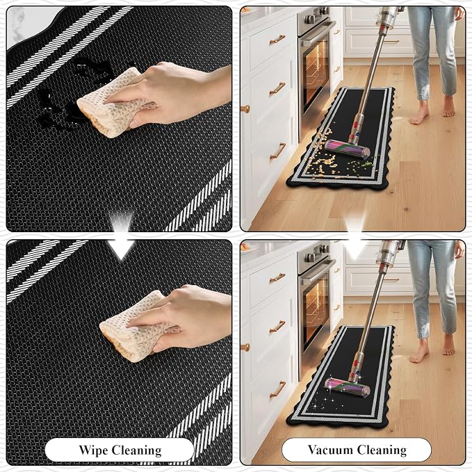 KIMODE Kitchen Mats Cushioned Anti Fatigue,Farmhouse Kitchen Rugs Sets of 2 | Black Scalloped Rugs, Runner Rug Non Slip, Comfort Standing Desk Mat for Laundry Office Bathroom Sink Dorm 17"x47"+17"x29"