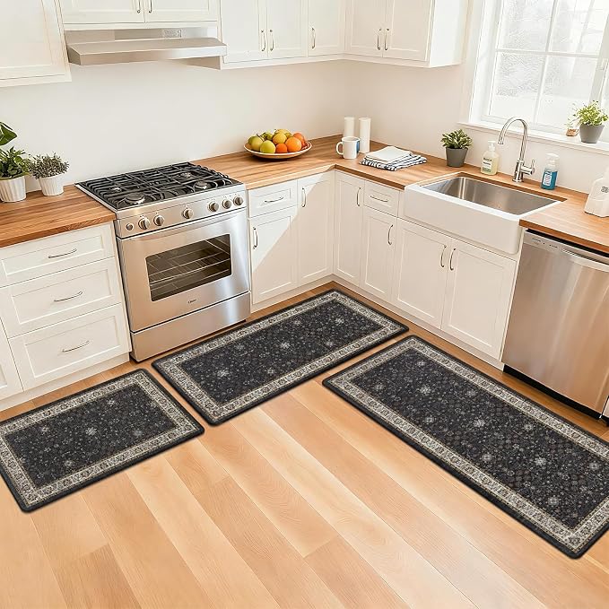 Pauwer Anti Fatigue Kitchen Floor Mats Set of 3, Cushioned Rugs, Black | Non Slip Comfort Standing Mat, PVC Foam Padded Kitchen Rugs, Waterproof Sink Rug for Small Kitchen Area, Laundry Room
