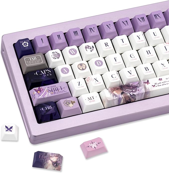 PBT Custom Keycaps 130 Keys, Japanese Anime Purple Keycaps Cherry Profile Dye Sublimation Keycap, Manga Style Key Cap Set for 60% 65% 75% TKL 100% Mechanical Keyboard
