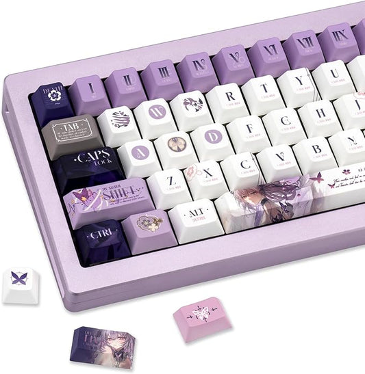 PBT Custom Keycaps 130 Keys, Japanese Anime Purple Keycaps Cherry Profile Dye Sublimation Keycap, Manga Style Key Cap Set for 60% 65% 75% TKL 100% Mechanical Keyboard