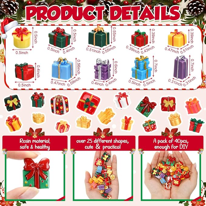 Giegxin 40 Pcs Mini Gift Boxes Resin Charms Bulk Multicolor Miniature Flat Back Cabochon Accessories Cute Embellishments Bulk for Valentines Decoration Jewelry Cellphone Case Scrapbooking DIY