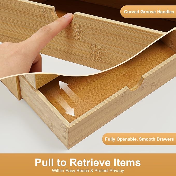 3 Drawers Bamboo Desk Organizer, Tabletop Storage Organization Multifunctional Desktop Organizer Office Wooden Drawer Mini Wood Desk Drawers Organizers for Home Office No Assembly Required