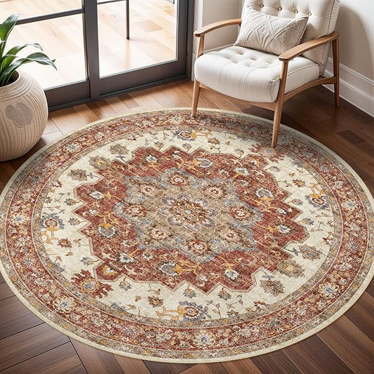 TOPRUUG Washable Oriental Area Rug - 6ft Round Rugs for Living Room Soft Carpet for Bedroom Waterproof Floral Distressed Indoor Stain Resistant Non-Shedding Floor Carpets (Red, 6ft-Round)