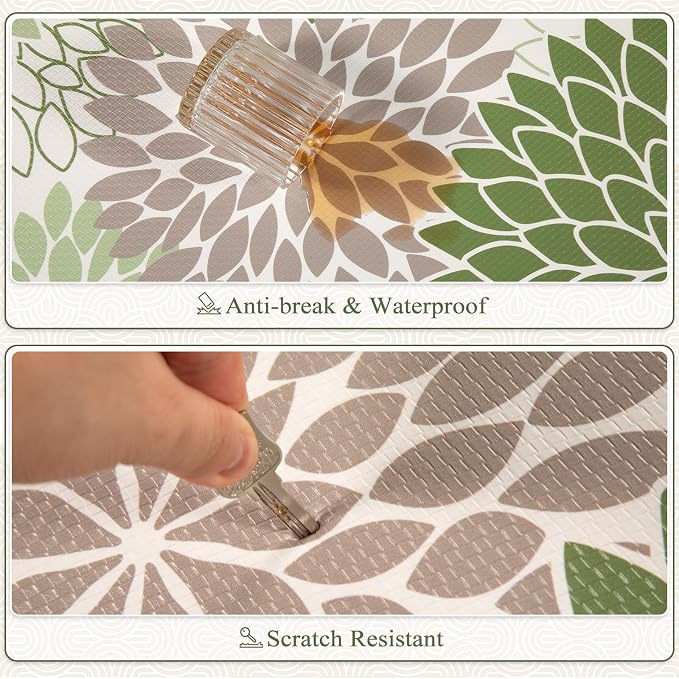 KIMODE Half Circle Anti Fatigue Mats for Kitchen Floor Kitchen Mats 2PCS | 18"x28+18"x28",Sage Green,Dahlia Floral Boho,Kitchen Rug Sets of 2,Non Slip,Waterproof,for Sink Office Laundry Bathroom Decor