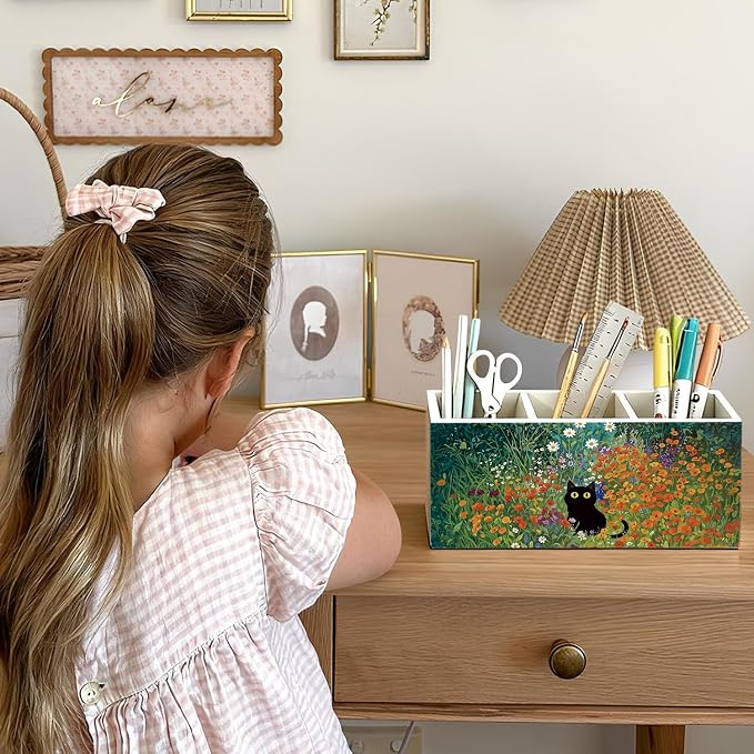 Black Cat Pen Pencil Holder for Desk, Black Cat Mom Lady Lovers Gifts for Women, Pet Lover Gifts, Cottagecore Wildflower Kitten Wooden Box Sign Decorations for Home Office Desk Tabletop