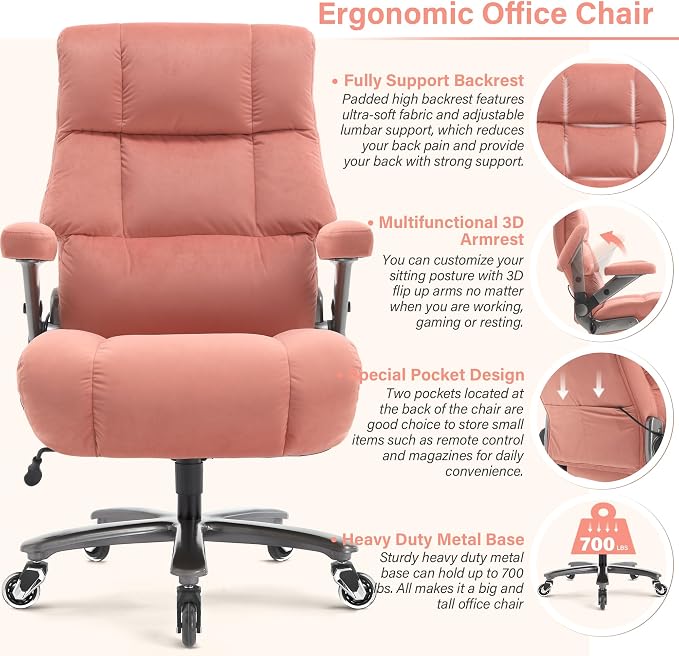 Big and Tall Office Chair 700lbs, Fabric Heavy Duty Executive Desk Chair | 3D Flip Arms, Extra Wide, Upgraded Wheels, Adjustable Lumbar Support, Metal Base, Large Ultra-Soft Ergonomic Computer Chairs