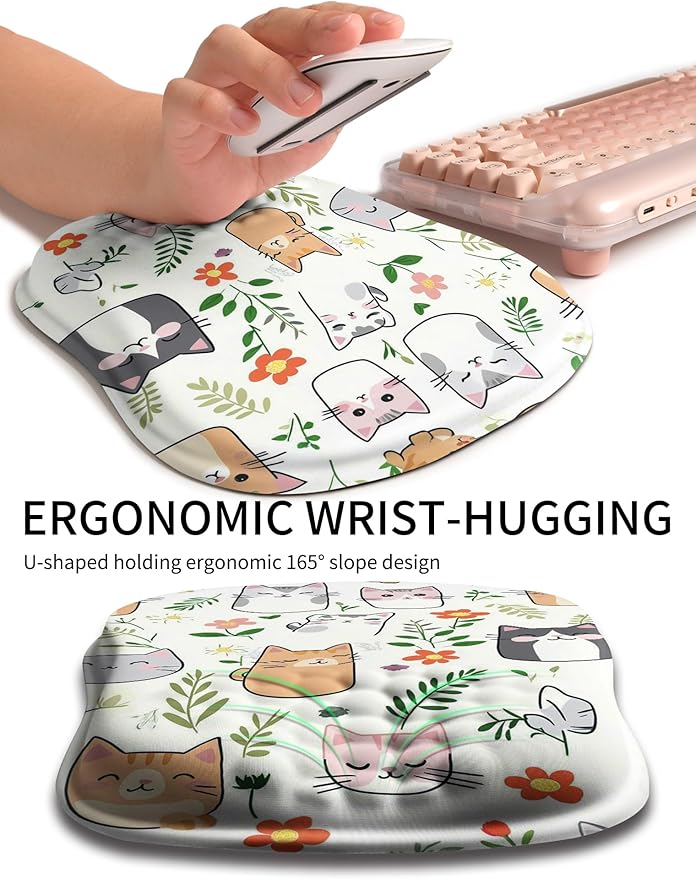 Hokafenle Ergonomic Wrist-Hugging Mouse Pad Wrist Support, U-Shaped Holding Wrist Rest Mousepad for Carpal Tunnel Pain Relief with Cushioned Memory Foam Slope Massage Bulge (10.2x8.3 in,Cute Cat)