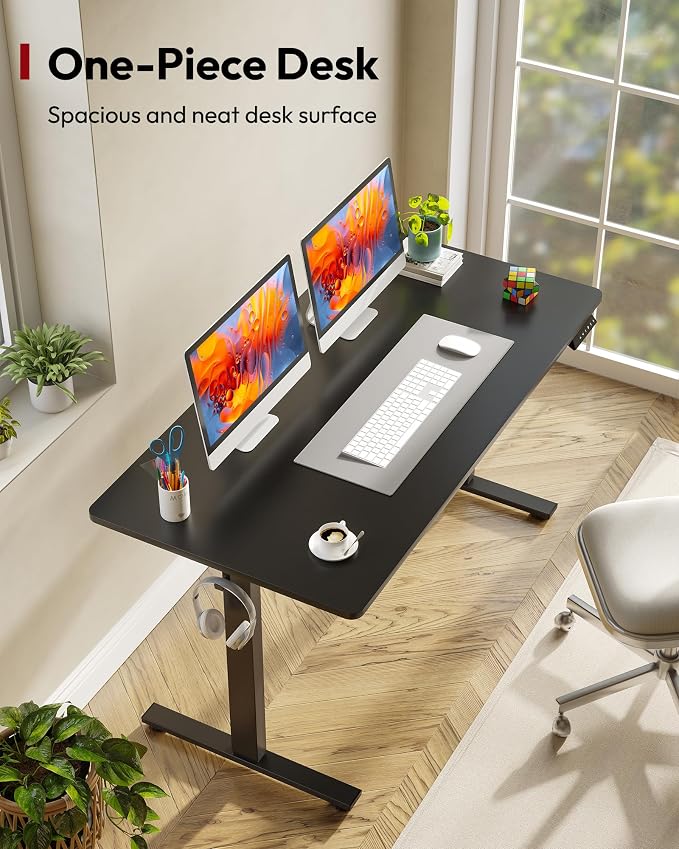 SANODESK One-Piece Electric Standing Desk, Seamless 55 x 28'' Ergonomic Height Adjustable Sit Stand Desk with Memory Presets for Home Office Computer Workstation, Black Frame/Black Top