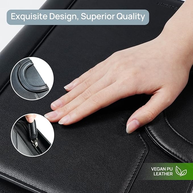 POPRUN Padfolio Portfolio with Handle, PU Leather Business Organizer Binder with 50 Sheet Notepad, Tablet Document Card Holder for Meeting Interview Office, Black