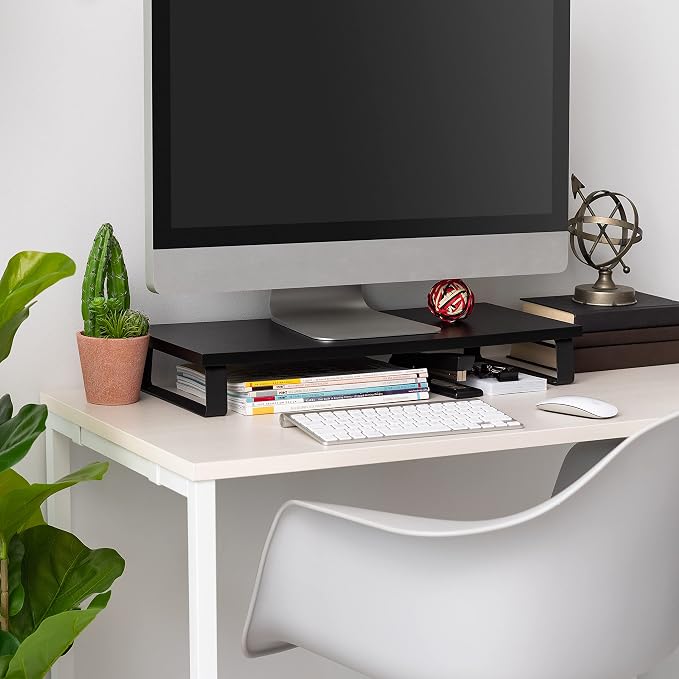 IRIS USA 1-Tier Multi-Purpose Modern PC Monitor Organizer Stand with Metal Legs, Ergonomic Desktop and Countertop Riser for Computer Laptop TV Kitchen Pantry and Closet Organization, Black | Elevates monitors and laptops while organizing keyboards, off...