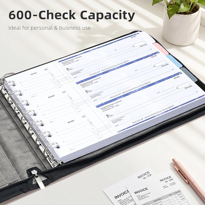 Ospelelf Grey Zippered 7 Ring Check Binder for Business Checks (9" x 13"), 1 Inch Faux Leather Checkbook Portfolio with Zipper Pouch, Professional Binder Organizer for Accountants, Home Use