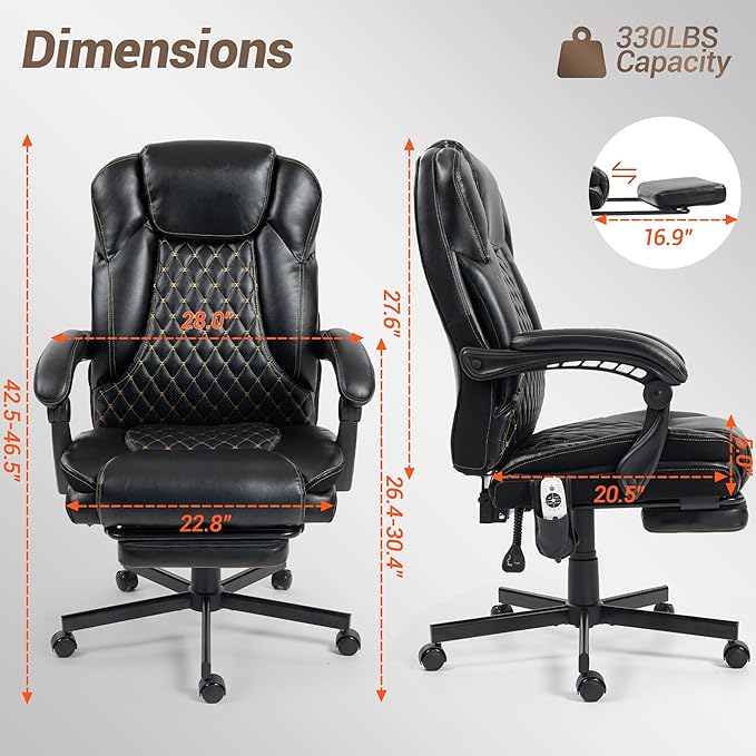 Heated Massage Executive Office Desk Chair with Footrest - Black | 6 Points Vibration Massage System, 5 Massage Modes, 3 Target Areas (Back,Lumbar,Seat), Reclining 90°-135°