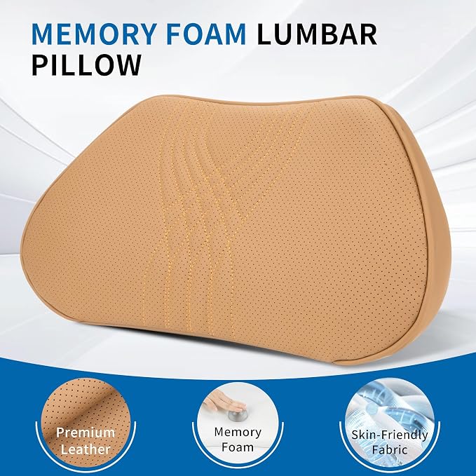 Lumbar Support Pillow for Car Seat, Office, Palomino Brown, 1PC | Leather Lumbar Pillow Memory Foam Lower Back Cushion for Back Pain Relief Improve Posture, Ergonomic Back Rest Gaming Chair