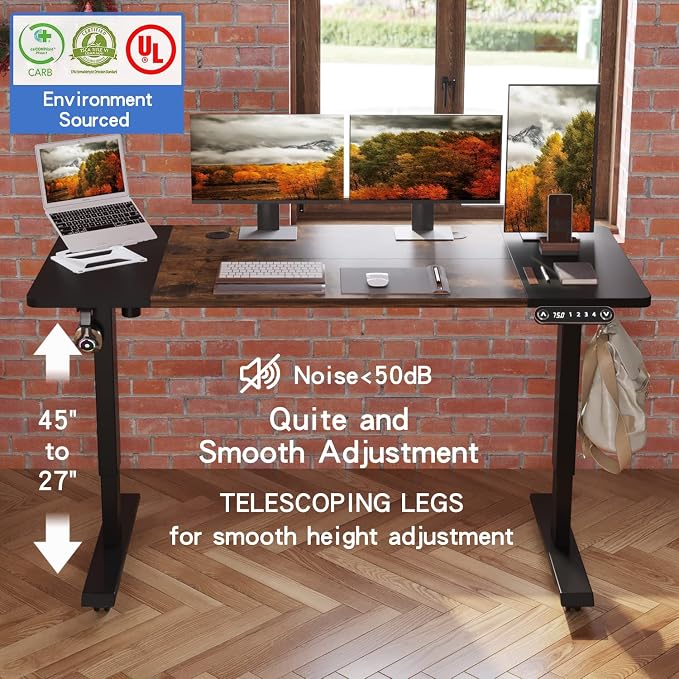 Height Adjustable Electric Standing Desk, 55X24 Height Stand Up Computer Desk,Sit and Stand Home Office Desk with Splice Board (Black+Brown Top, Black Frame)