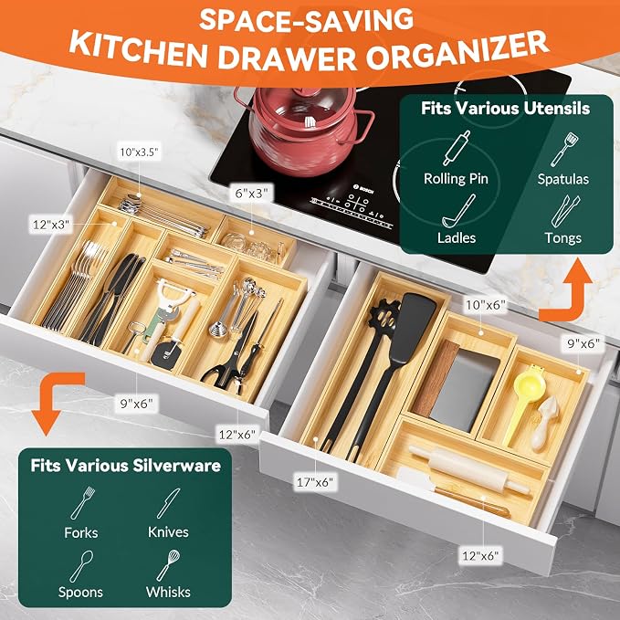 Lixple Bamboo Drawer Organizer for Kitchen Utensils, 2 Pack Stackable Cutlery Trays, Fits 1/2" Knives and Silverware, 10" x 3.5" x 2" (Outer), 9.3" x 2.8" x 1.3" (Inner)